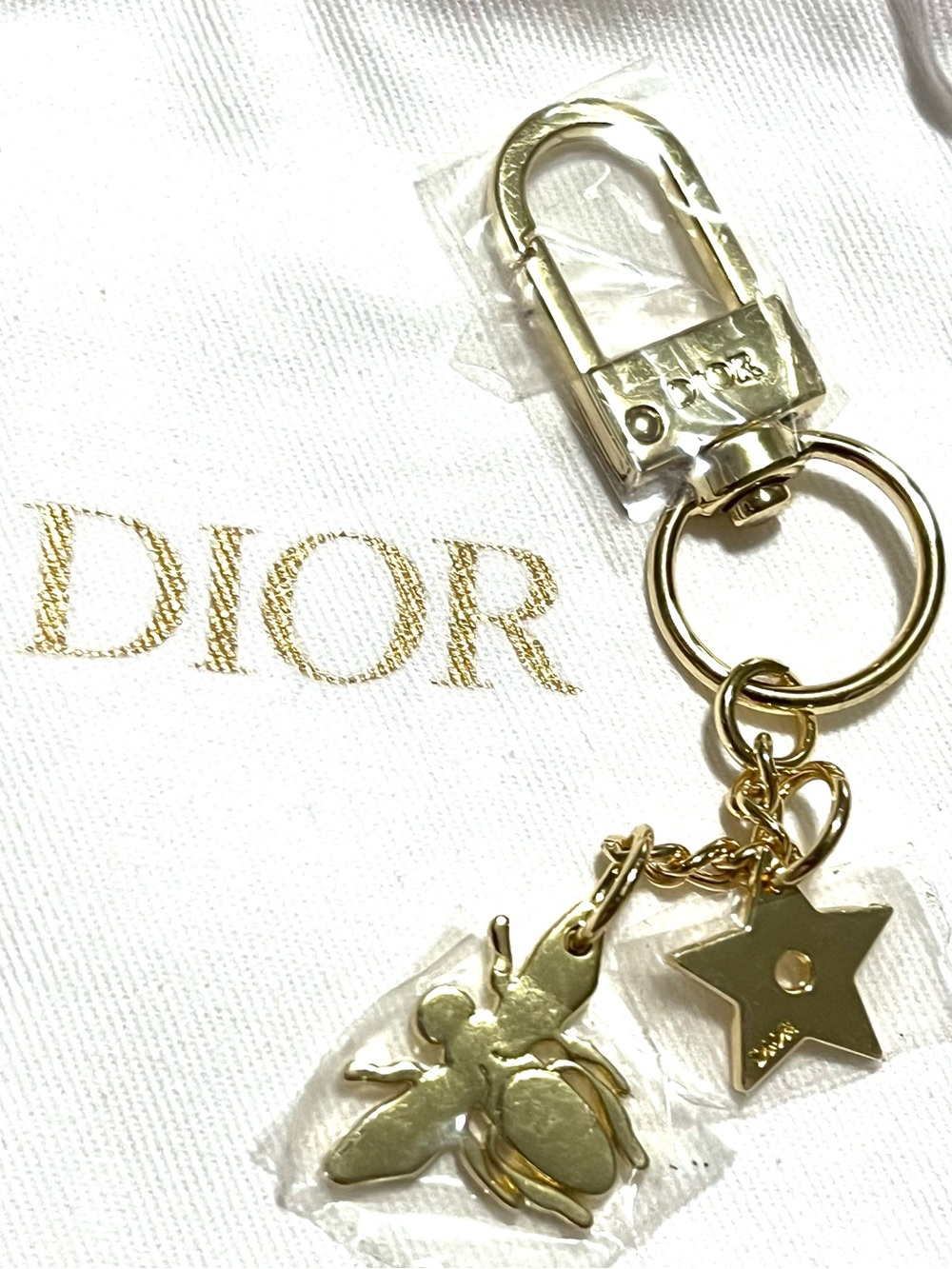 New Authentic Dior Gold Star & Bee Charm Key Holder+ Dior drawstring dust pouch